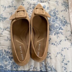 Anne Klein Tan Suede Pointed-Toe Flats with Decorative Buckle